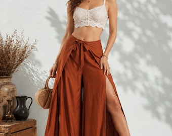 Pantaloni palazzo in rayon color arancio bruciato Pikalda: comodi pantaloni da donna stile boho avvolgenti per festival PTTWC47