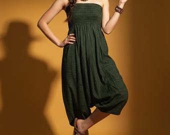 Pikalda Damen-Haremshose aus Baumwolle: Dunkelgrüner, bequemer Boho-Jumpsuit, Aladdin-Yogahose HC15