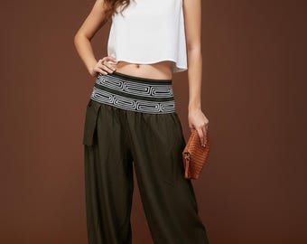 Pantalones harem de rayón verde oliva Pikalda: cómodos pantalones estilo boho tailandés para festivales de yoga LRT8