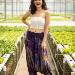 Pikalda-Peacock Tail Harem Pants Down Crotch: Bekväma Boho Rayon Aladdin-byxor för kvinnor