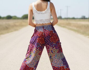 Pikalda-Plus Size Rayon Harem Pants: Red Blue Comfy Boho Hippie Yoga TS128