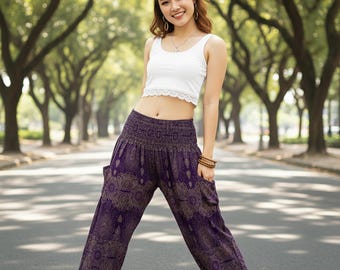 Pikalda-Purple Rayon Harem Pants Women: Paisley Printed Comfy Boho Trousers TS176