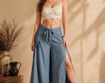 Pikalda-Gray Rayon Palazzo Broek: Comfortabele Boho-stijl festivalbroek voor dames PTTWC45