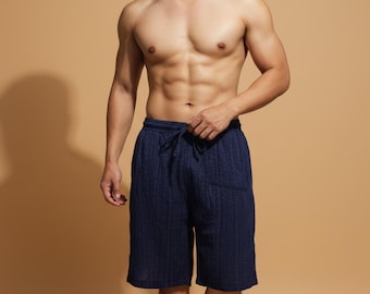 Pantalones cortos de algodón tailandés Pikalda para hombre: azul marino con lazo en la cintura LSM2