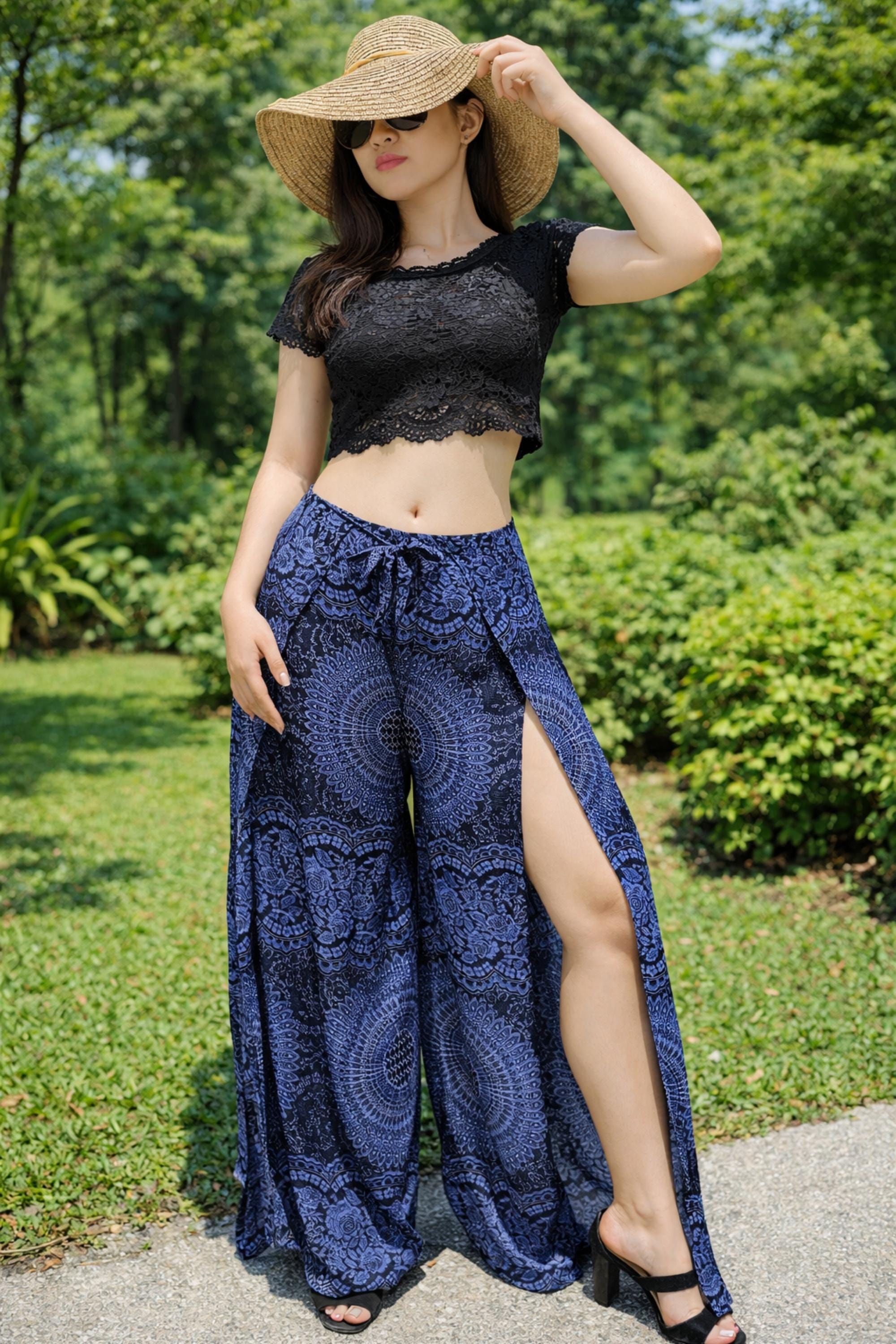 Pikalda-navy Blue Mandala Rayon Palazzo Pants: Comfy Boho Wrap