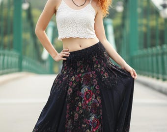 Pikalda-Black Rayon Harem Pants Drop Crotch: Women's Comfy Boho Yoga Trousers HP74