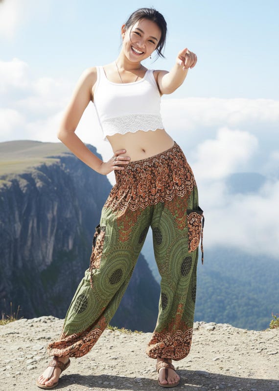 Pikalda-green Rayon Harem Pants: Mandala Print Thai Comfy Boho