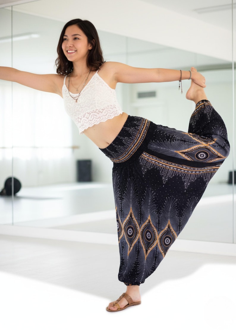 Pikalda-Peacock Rayon Harem Pants: Comfy Boho Hippie Loungewear HP28 Black