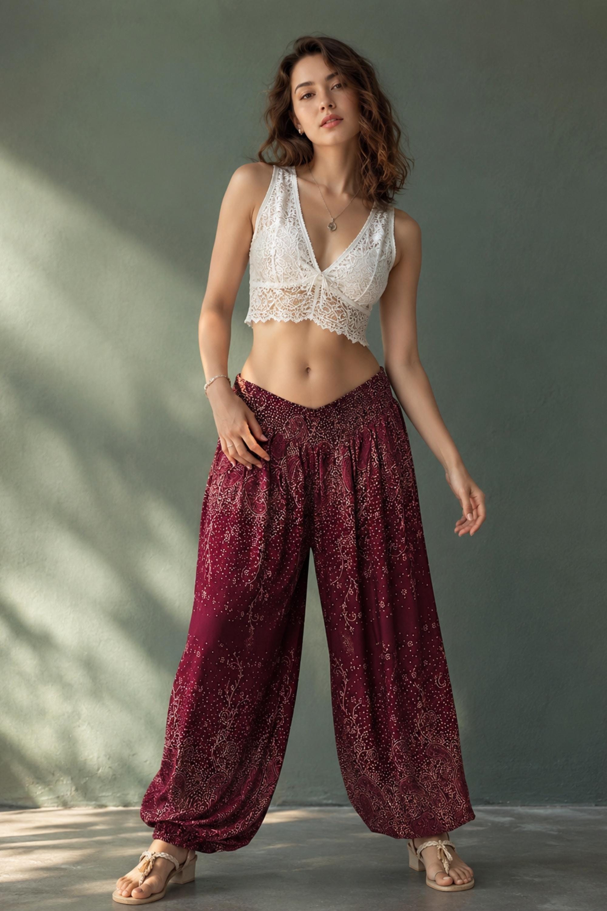 Pikalda-Red Paisley Harem Pants Rayon Comfy Boho Yoga Trousers Srt37