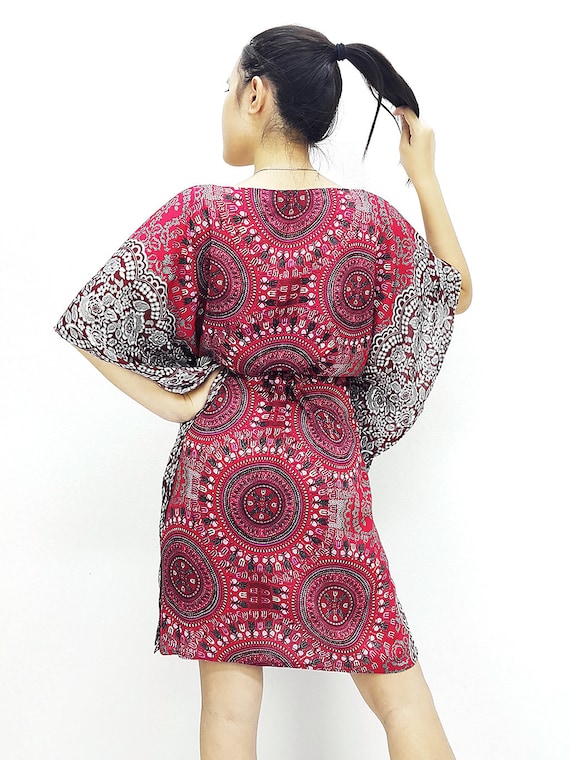 Boho Clothing Printed Wrap Tunic Cream KPS24 Mini Dress V neck Short Dress Rayon Kaftan Beach Cover Beach Kaftan Plus Size