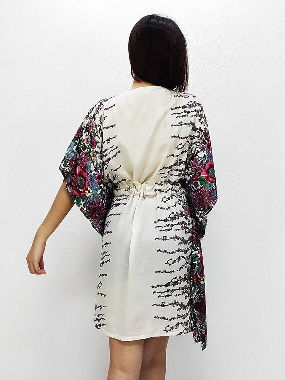 Boho Clothing Printed Wrap Tunic Cream KPS24 Mini Dress V neck Short Dress Rayon Kaftan Beach Cover Beach Kaftan Plus Size