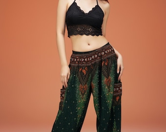 Pikalda-Green Harem Pants: Rayon Comfy Boho Aladdin Trousers SRN20