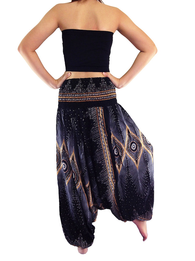 Gorgeous black harem trouser come with peacock feather pattern and useable two side pockets with secure rope.