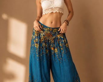 Pikalda-Teal Green Rayon Harem Pants: Thai Comfy Boho Yoga Festival Wear Trousers SRT24