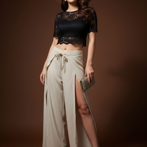 Pikalda-Hemp Split-Front Palazzo Pants | Elegant High-Slit Wide-Leg Trousers HWP