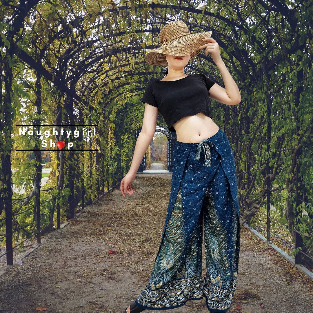 Petrol Feather Palazzo Pants Women,wrap Pants,wide Leg Pants
