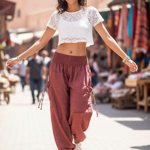 Pikalda-Brick Red Cotton Harem Pants: Thai Yoga Aladdin Festival Wear Trousers TCC47