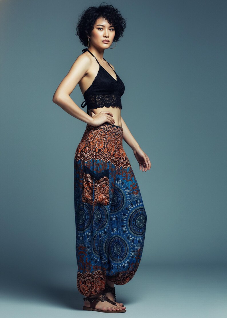 Pikalda-Plus Size Mandala Harem Pants: Teal Comfy Boho Rayon Aladdin Pants TS214 image 1