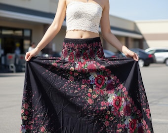 Pikalda-Black Floral Rayon Maxi Skirt: Comfy Boho Hippie Dress, Summer Beach Clothing DS32