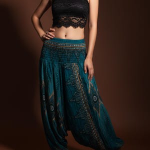 Pikalda-Teal Green Harem Pants Drop Crotch: Comfy Boho Aladdin Rayon Loungewear HP7