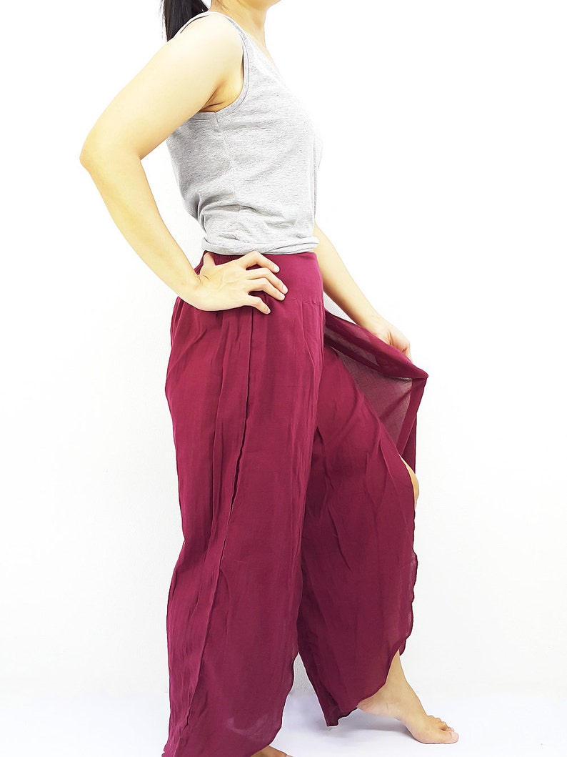 SOS2 Women Fashion Trouser Pants Maxi Trouser Cotton Trouser Comfy Trouser Open Leg Wide Leg Plain Color Solid Color Dark Red
