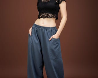 Pikalda-Olive Cotton Harem Pants with Pockets | Minimalist Trousers | Comfy Boho Loungewear Pants PT003/3