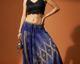 Pantalones harem con estampado de pavo real Pikalda: pantalones cómodos de estilo bohemio para mujer, ideales para yoga y festivales (SRH49)