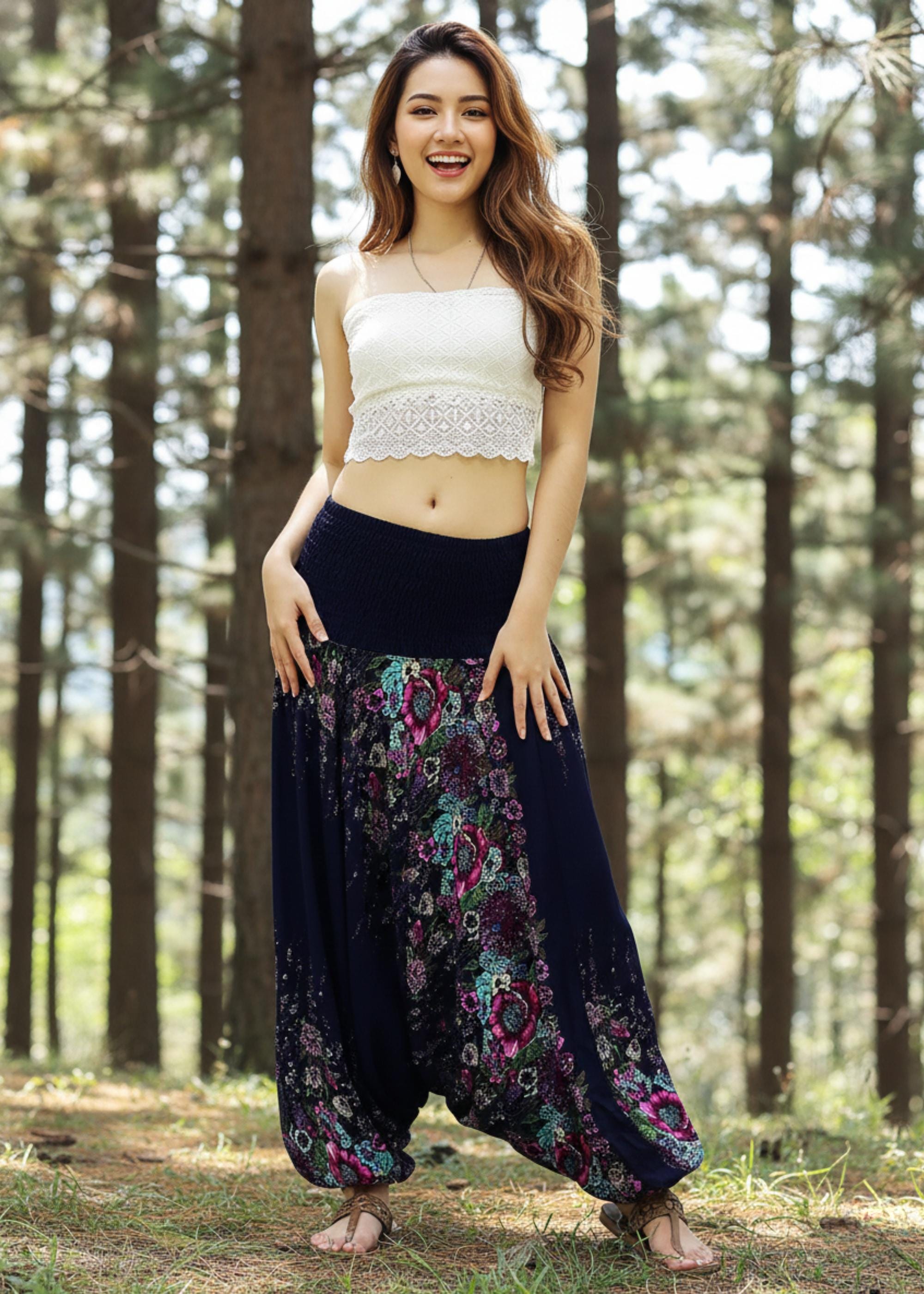 Pikalda-navy Blue Rayon Harem Pants Drop Crotch: Comfy Boho