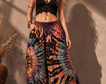 Pikalda-Unique Rust Brown Black Tie Dye Cotton Harem Pants: Comfy Loungewear Boho Yoga Aladdin Trousers LCTT3