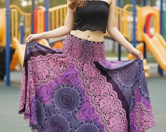 Pikalda-Purple Mandala Rayon Dress Skirt: Comfy Boho Hippie Beach Cover-Up
