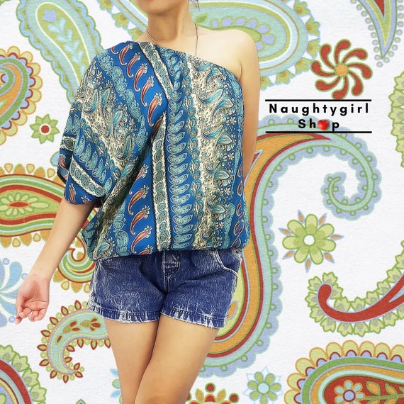 Tops de rayon estampados a la moda para mujer blusas con hombros descubiertos ropa de mujer camisa de ropa gitana Bohemia ropa Sexy azul Paisley