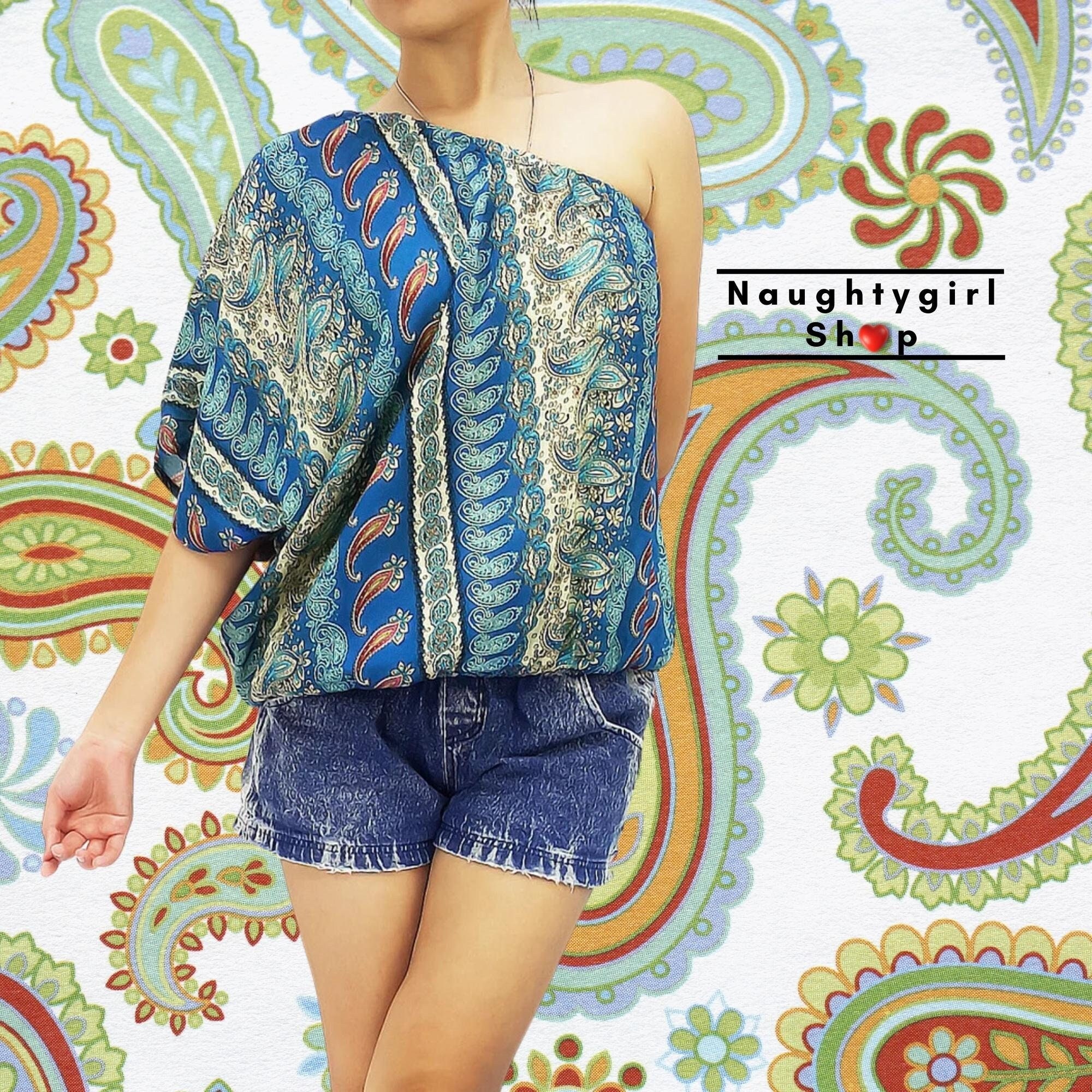 Tops de rayon estampados a la moda para mujer blusas con hombros descubiertos ropa de mujer camisa de ropa gitana Bohemia ropa Sexy azul Paisley TP8 Etsy Mexico