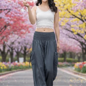 Pikalda-Gray Rayon Harem Pants Women: Comfy Boho Hippie Loungewear Trousers TC45