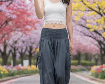 Pikalda-Gray Rayon Harem Pants Women: Comfy Boho Hippie Loungewear Trousers TC45