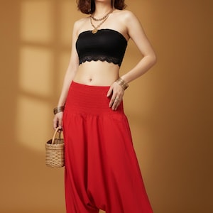 Pikalda-Röda bomullsharembyxor: Bekväma Boho Yoga Aladdin-stil HCP9