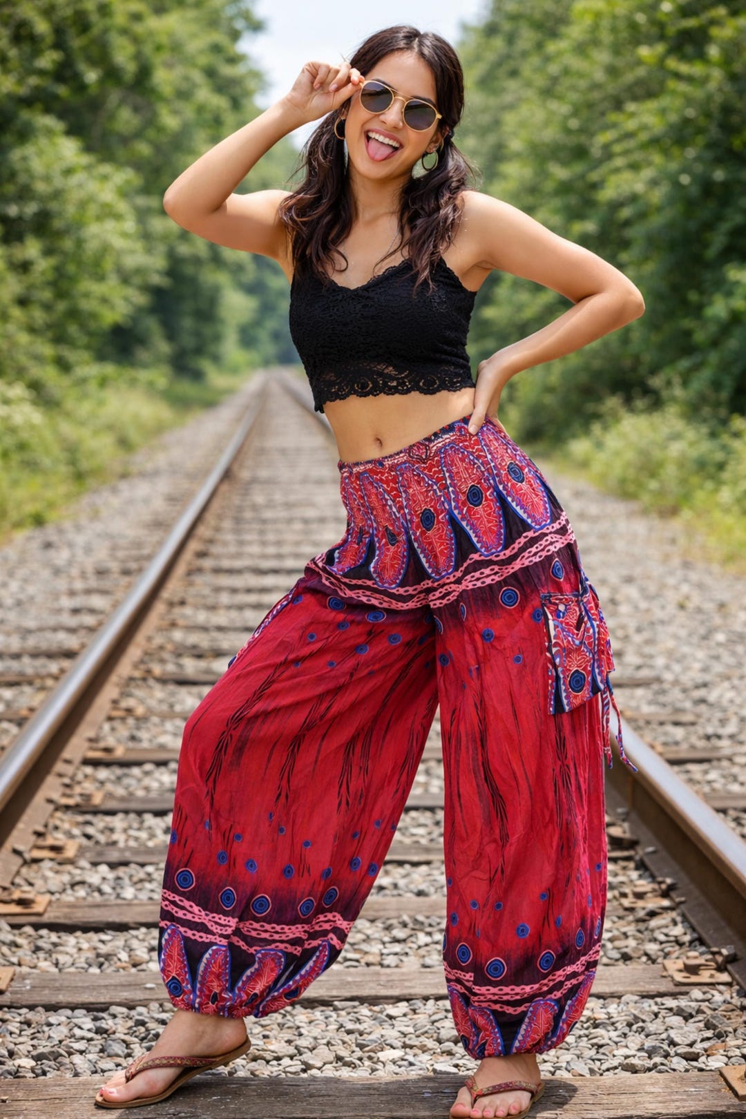 Pikalda-red Rayon Harem Pants: Comfy Boho Thai Yoga Festival Wear