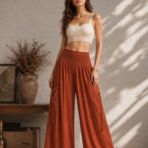 Pikalda - Enfärgade Bränt Orange Harembyxor: Rayon Palazzo Bekväma Boho Festivalbyxor Vida Ben TSWC47