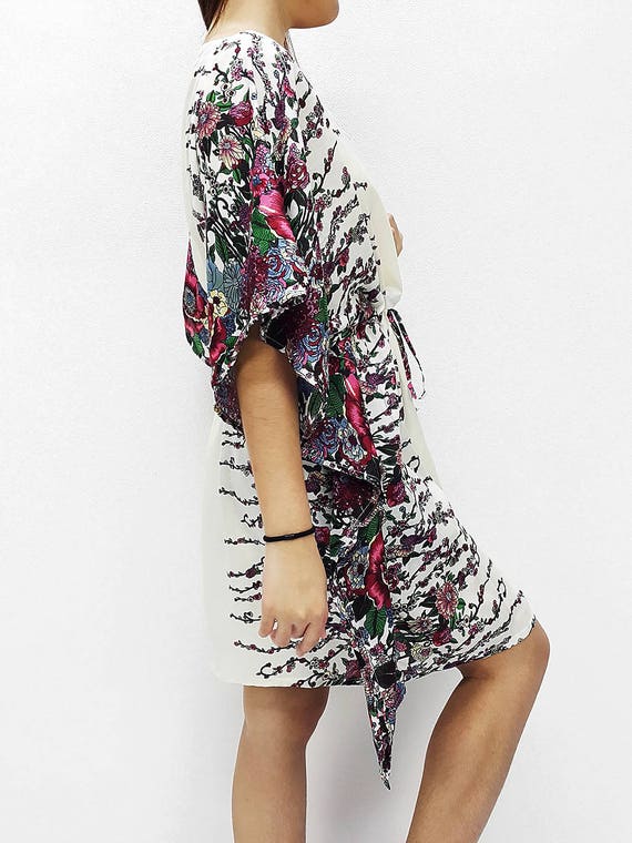 Boho Clothing Printed Wrap Tunic Cream KPS24 Mini Dress V neck Short Dress Rayon Kaftan Beach Cover Beach Kaftan Plus Size