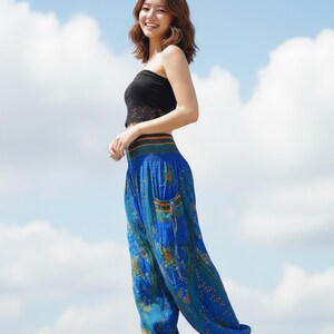 Pikalda-Blue Peacock Harem Pants: Rayon Comfy Boho Yoga Festival Wear Trouserss TS5 image 2