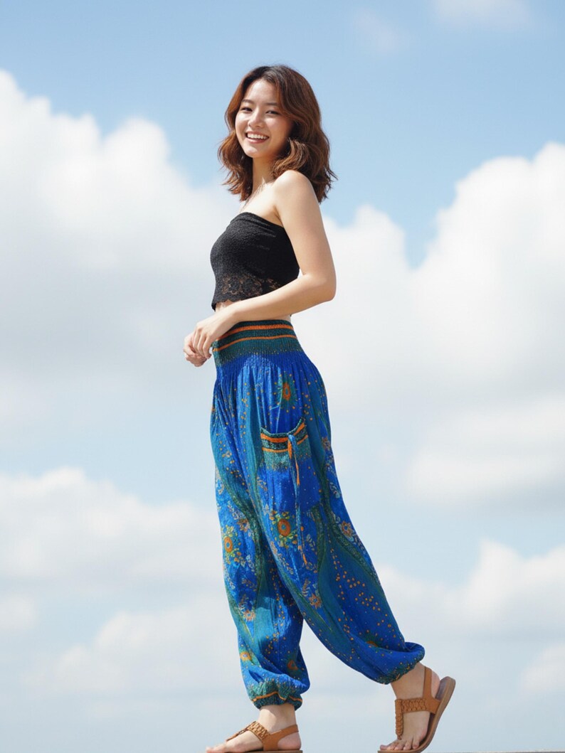Pikalda-Blue Peacock Harem Pants: Rayon Comfy Boho Yoga Festival Wear Trouserss TS5 image 2
