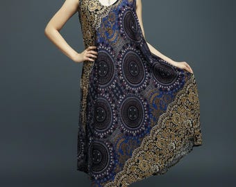 Pikalda-Brown Mandala Rayon Sleeveless Dress: Comfy Boho Hippie Summer Beach Skirt PND43
