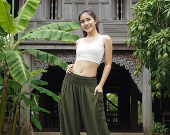 Pikalda-Plus Size Avocado Green Harem Pants: Rayon Yoga Trousers TC22