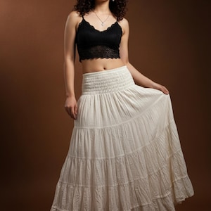 Pikalda-White Cotton Maxi Skirt | Smocked Waist, Tiered Comfy Boho Style TCS2