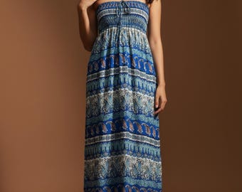 Pikalda-Thai Rayon Maxi Dress: Blue Printed Comfy Boho Hippie Style DL47
