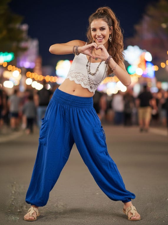 Ocean Blue Rayon Harem Pants: Boho Yoga Trousers TC44 - Main Image