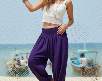 Pikalda-Violet Thai Cotton Harem Pants: Women's Comfy Boho Aladdin Trousers PT001