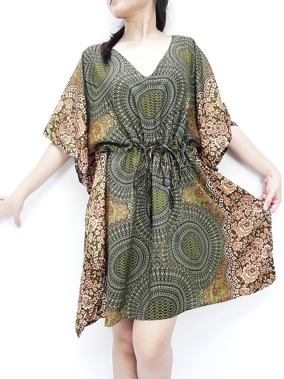 Boho Clothing Printed Wrap Tunic Cream KPS24 Mini Dress V neck Short Dress Rayon Kaftan Beach Cover Beach Kaftan Plus Size