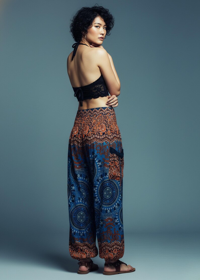Pikalda-Plus Size Mandala Harem Pants: Teal Comfy Boho Rayon Aladdin Pants TS214 image 3