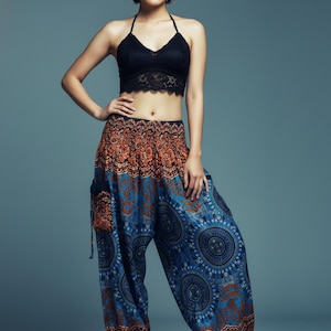 Pikalda-Plus Size Mandala Harem Pants: Teal Comfy Boho Rayon Aladdin Pants TS214 image 2