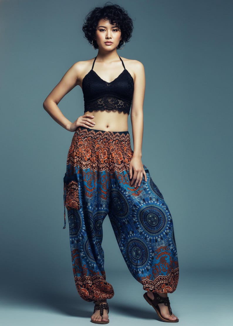 Pikalda-Plus Size Mandala Harem Pants: Teal Comfy Boho Rayon Aladdin Pants TS214 image 2
